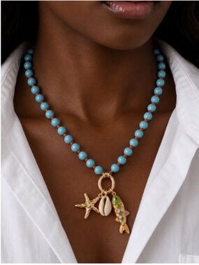 New! Coastal Blue Beaded Gold Fish Charm Necklace NWOT 1049